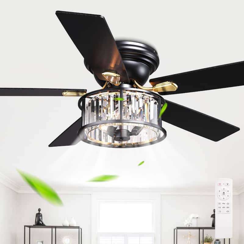 Cusp Barn 52" Farmhouse Flush Mount Crystal Ceiling Fan with Lights and Remote, Black 5 Blades Reversible Chandelier Ceiling Fan