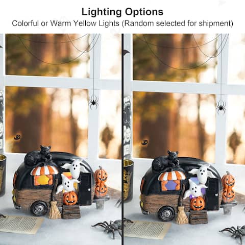 Glitzhome 9.25''L Halloween Polyresin Lighted Camper with Ghost & Pumpkin & Black Cat Table Decor