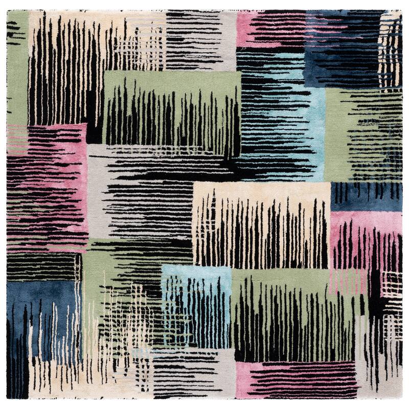 SAFAVIEH Handmade Fifth Avenue Ludwiga Wool & Viscose Rug - 6' Square - Black/Pink