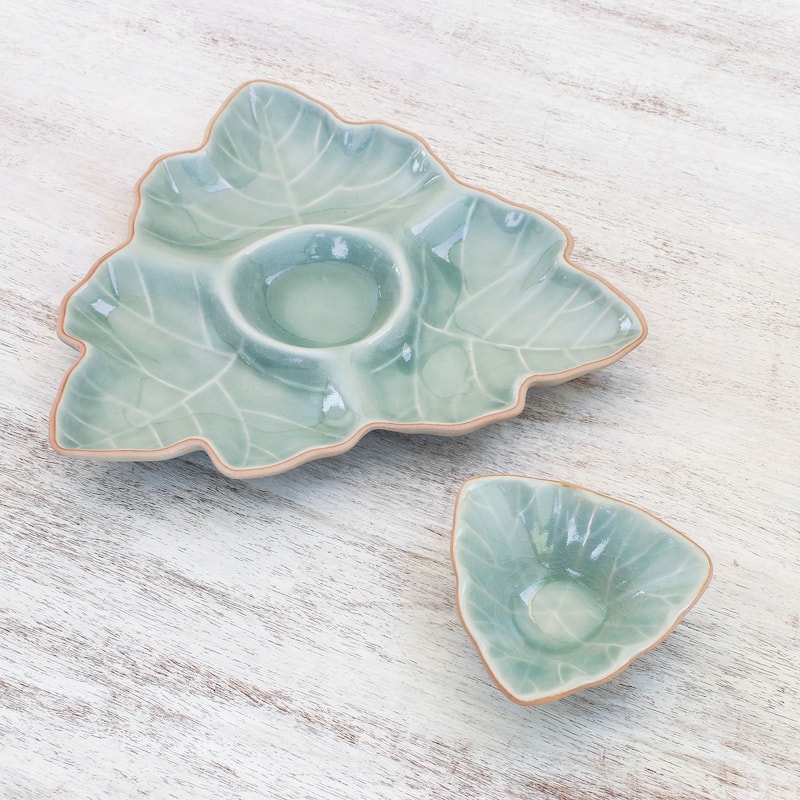 Novica Handmade Maple Leaf Celadon Ceramic Appetizer Dishes (Pair)