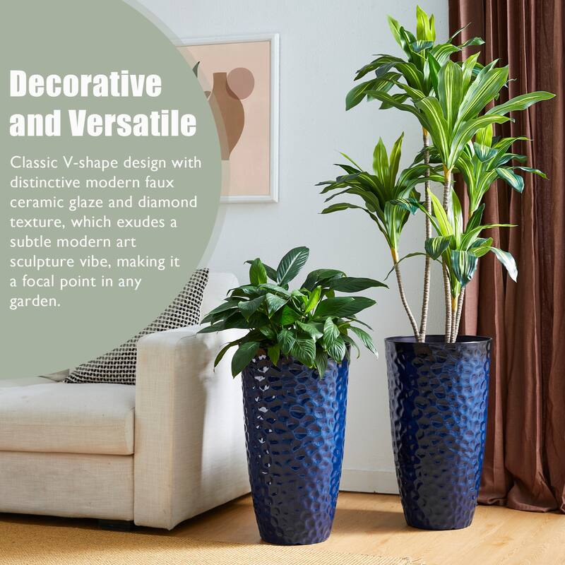 Glitzhome Set of 2 Oversized Tall Planter Honeycomb Textured Gradient Cobalt Blue Garden Plant Pots with Drainage Holes