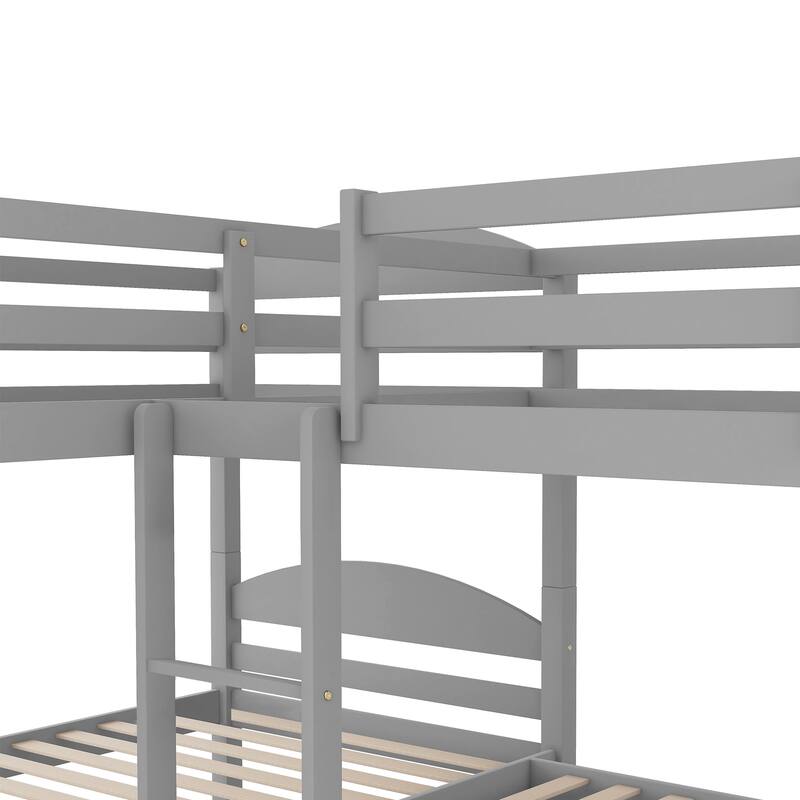 L-shaped Bunk Bed with Trundle for 5, Twin Over Twin Wooden Bed with Safety Guardrails, Space-Saving Design for Kids and Guests