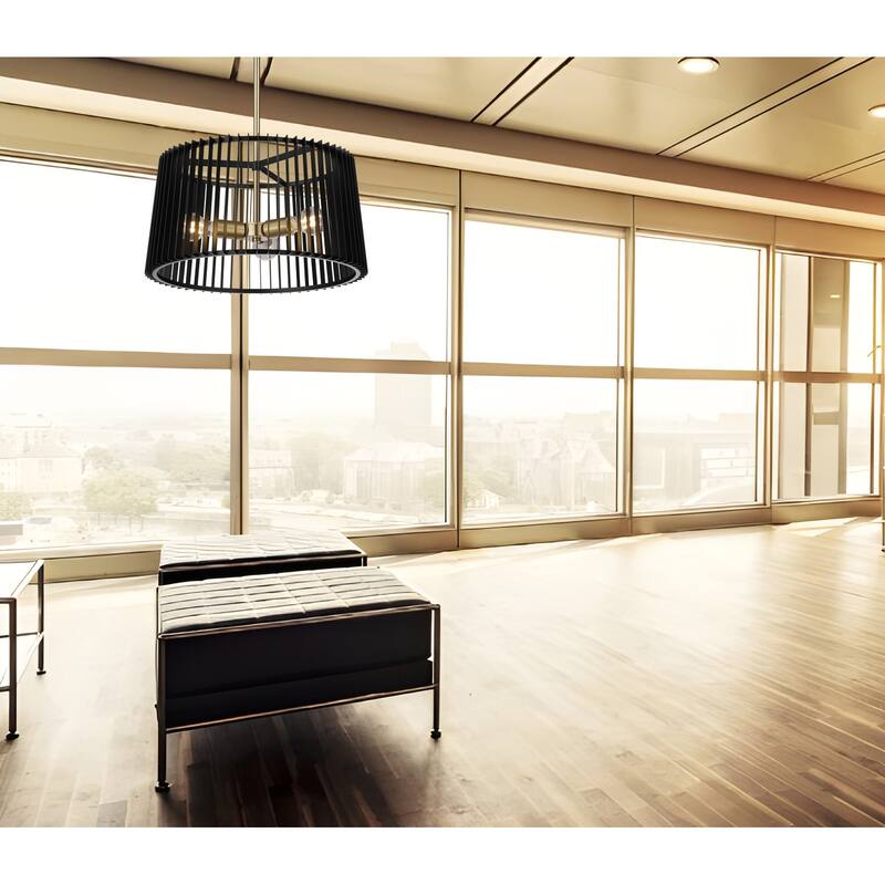 3-Light Black and Brass Drum Chandelier with Louvered Metal Shade - Black&Brass