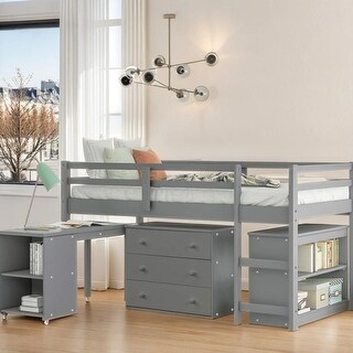 Low Study Twin Loft Bed with Cabinet and Rolling Portable Desk - Bed ...