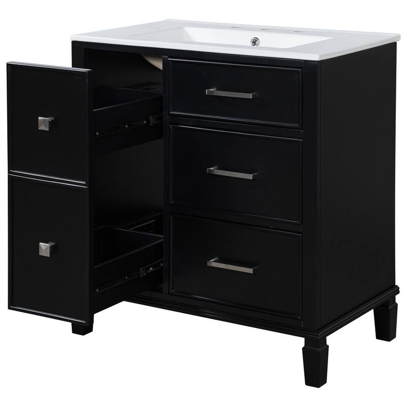 30'' Bathroom Vanity with Ceramic Sink, Freestanding Bathroom Vanity Cabinet with 3 Soft Close Drawers and 1 Flip-Out Drawer