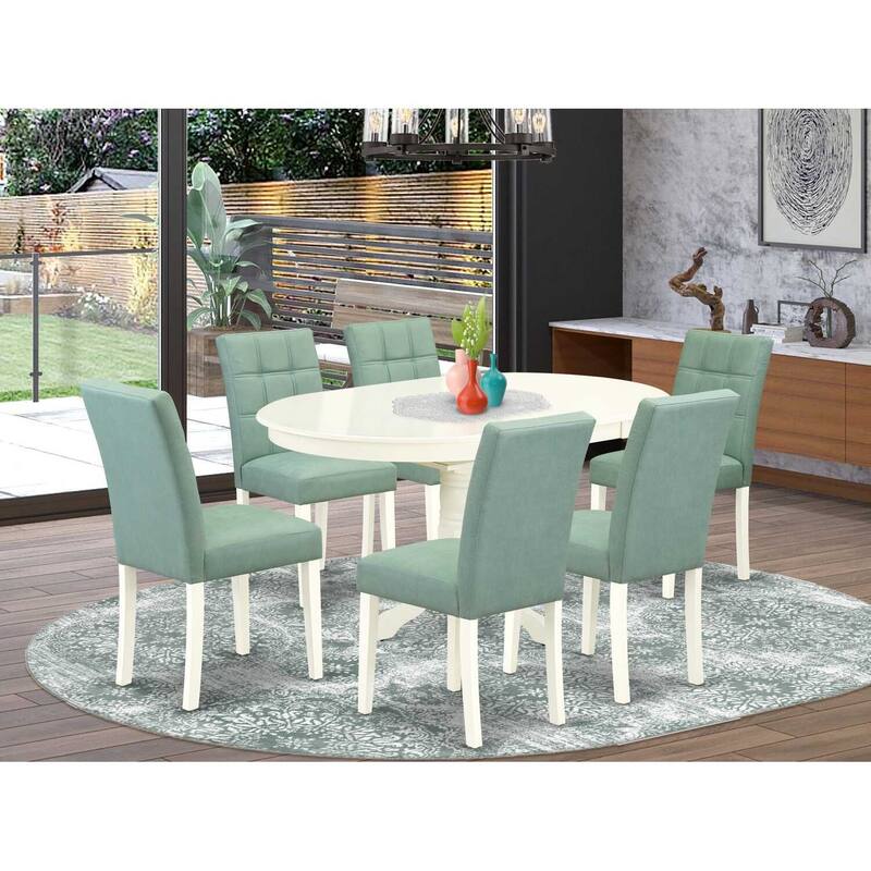 Oval Dining Room Set - 7 Piece Table & Chair Set, Linen White & Willow Green