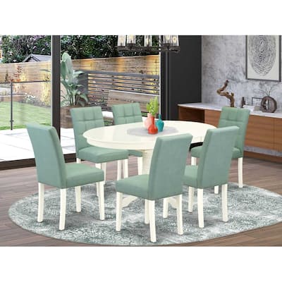 Oval Dining Room Set - 7 Piece Table & Chair Set, Linen White & Willow Green