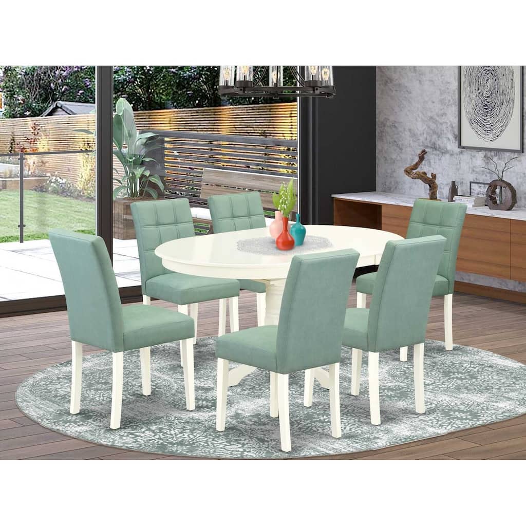 Oval Dining Room Set - 7 Piece Table & Chair Set, Linen White & Willow Green