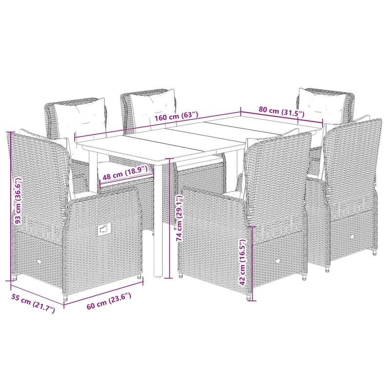 vidaXL Garden Dining Set Grey PE rattan Large Garden Dining Set - 63" x 31.5" x 29.1"/ 6