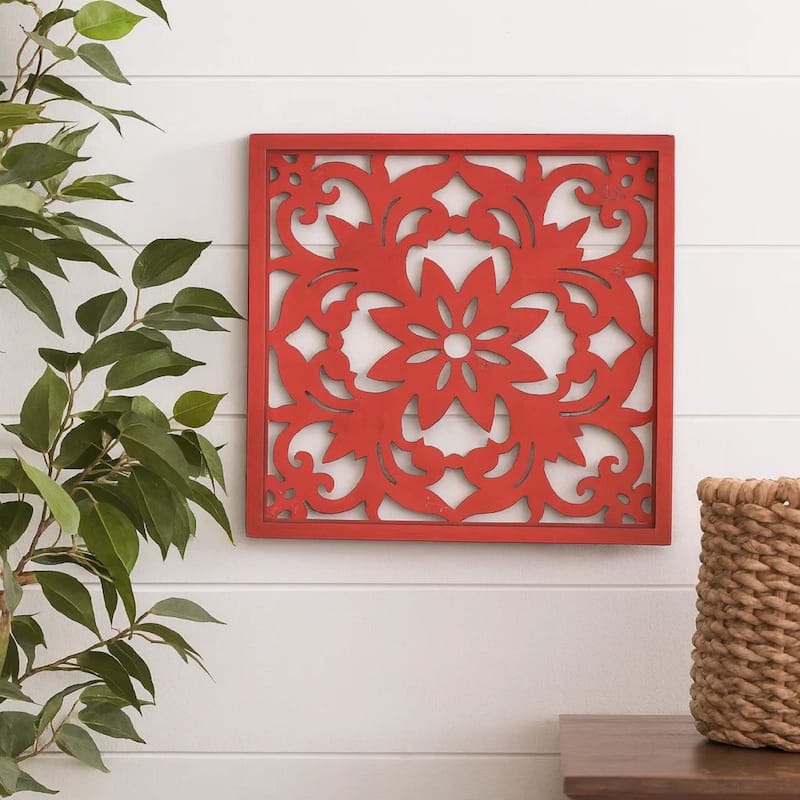 Set of 2 Square Wooden Floral Wall Plaque, Red