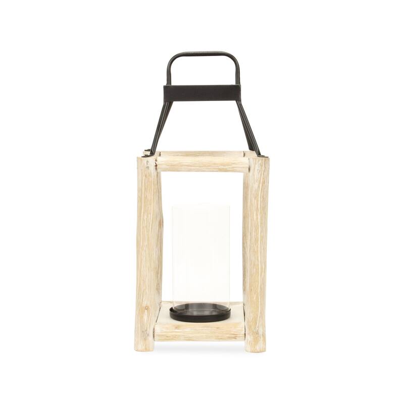 18" Natural And Black Glass Metal And Wood Tabletop Lantern Candle Holder - Large