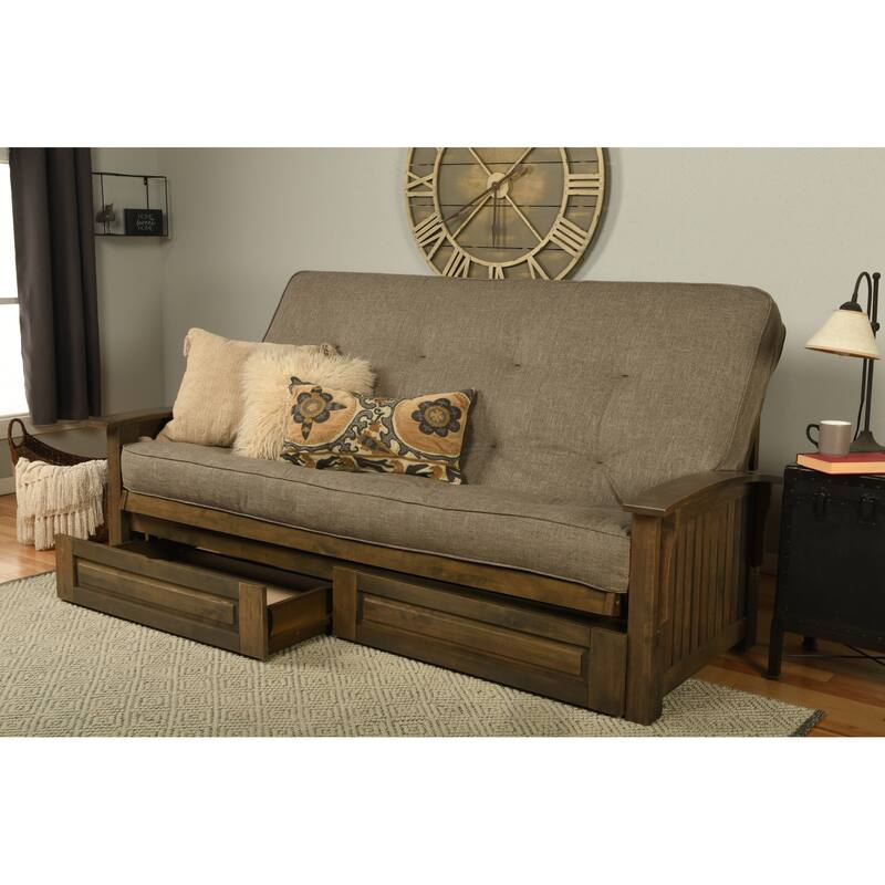 Somette Washington Queen-size Storage Futon Set in Rustic Walnut with Linen Mattress