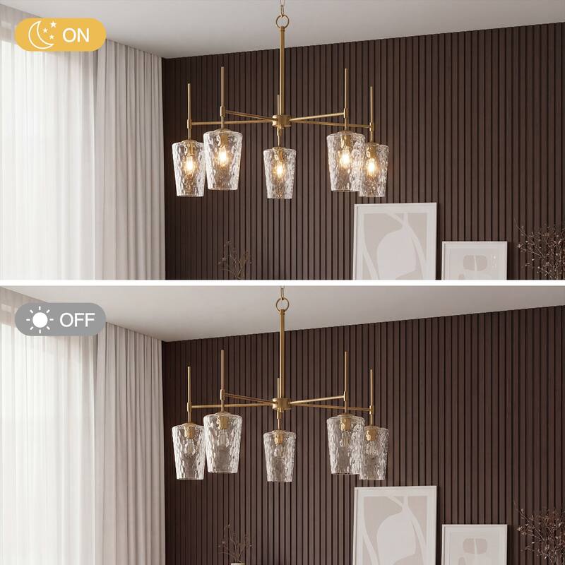 5-Light Modern Gold Chandelier with Ripple Glass Shades, Adjustable Height