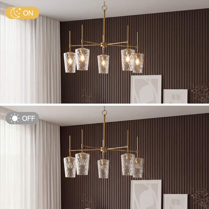 5-Light Modern Gold Chandelier with Ripple Glass Shades, Height-Adjustable Pendant - 31.5'' W × 31.5'' D × 89.2'' H