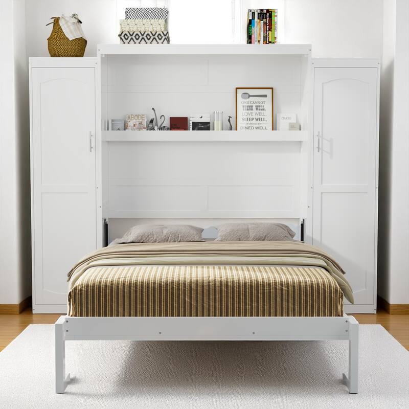 Full/Queen Murphy Bed with 2 Wardrobes and Shelf, Foldable Wall Bed Frame with Storage for Guest Room or Bedroom - White - Queen