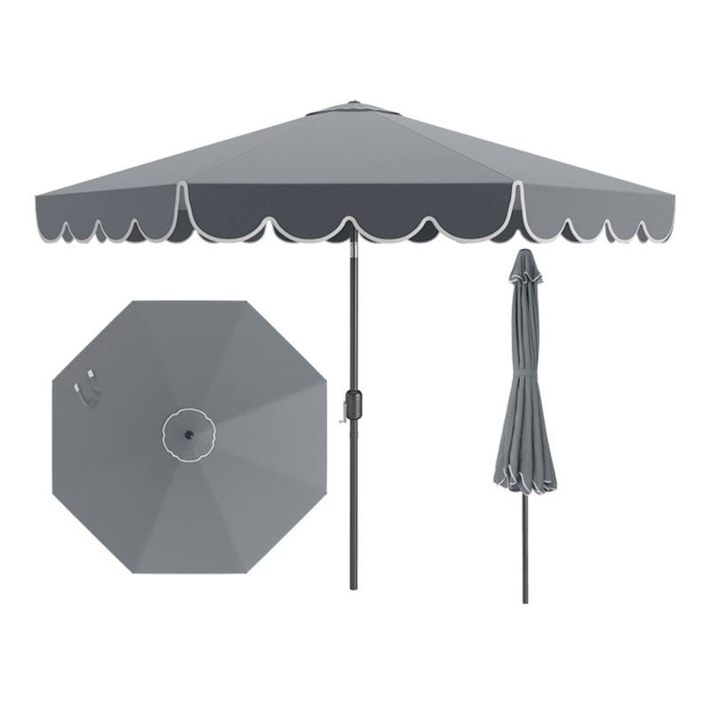 Premium 10 Ft Patio Umbrella with Crank Auto Tilt and Ruffled Edges Sun Protection Waterproof Polyester Canopy - 10 x 8.2 ft - Gray