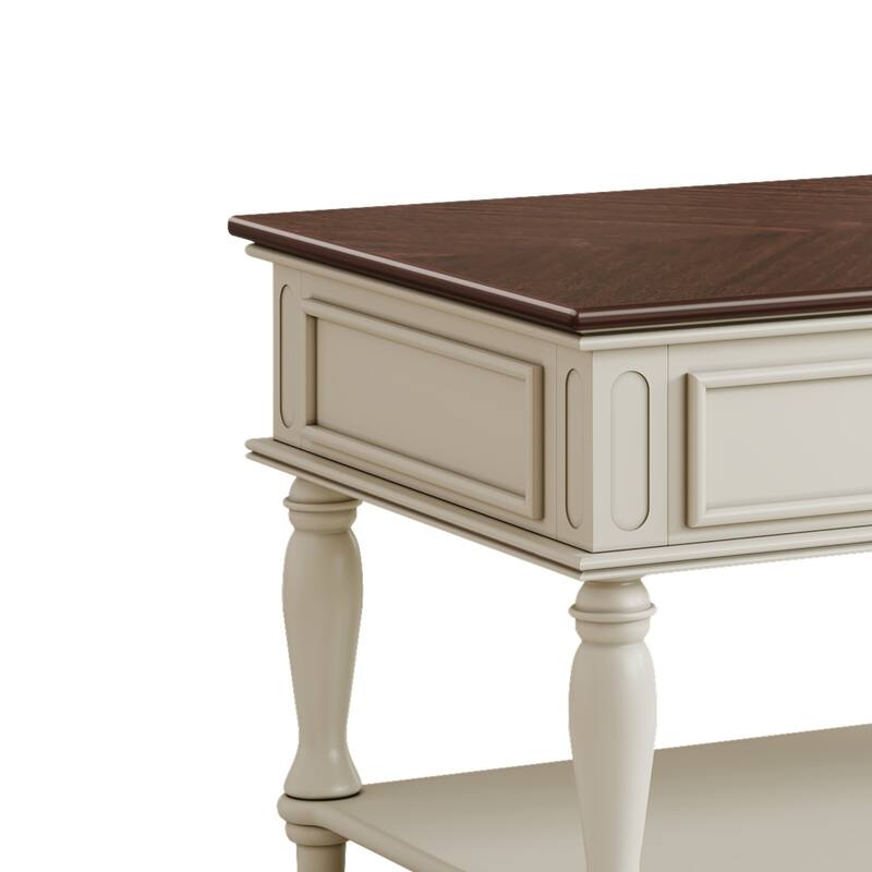 Mid-Century Coffee Table with Drawer, Retro Rectangular Cocktail Table with Lockable Wheels, Storage Shelf for Living Room