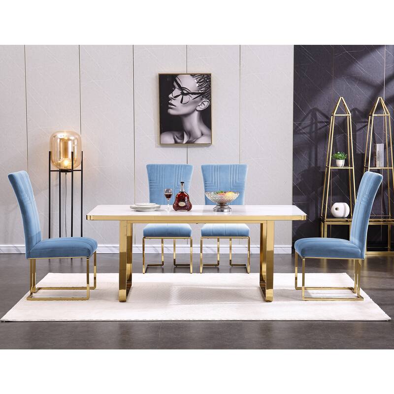 Velvet Dining Chairs with High Back and Polished Metal Legs