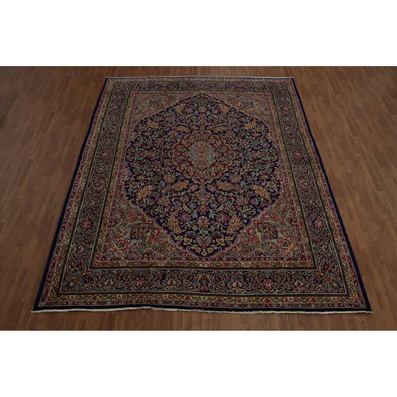 Hand Knotted Oriental 100% Wool Carpet Traditional Floral Navy Blue & Blues Kerman Area Rug - 13' 0'' X 9' 11''