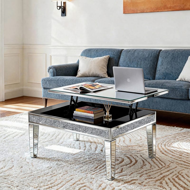 18" Lift Top Mirror Glass Coffee Table with Hidden Storage