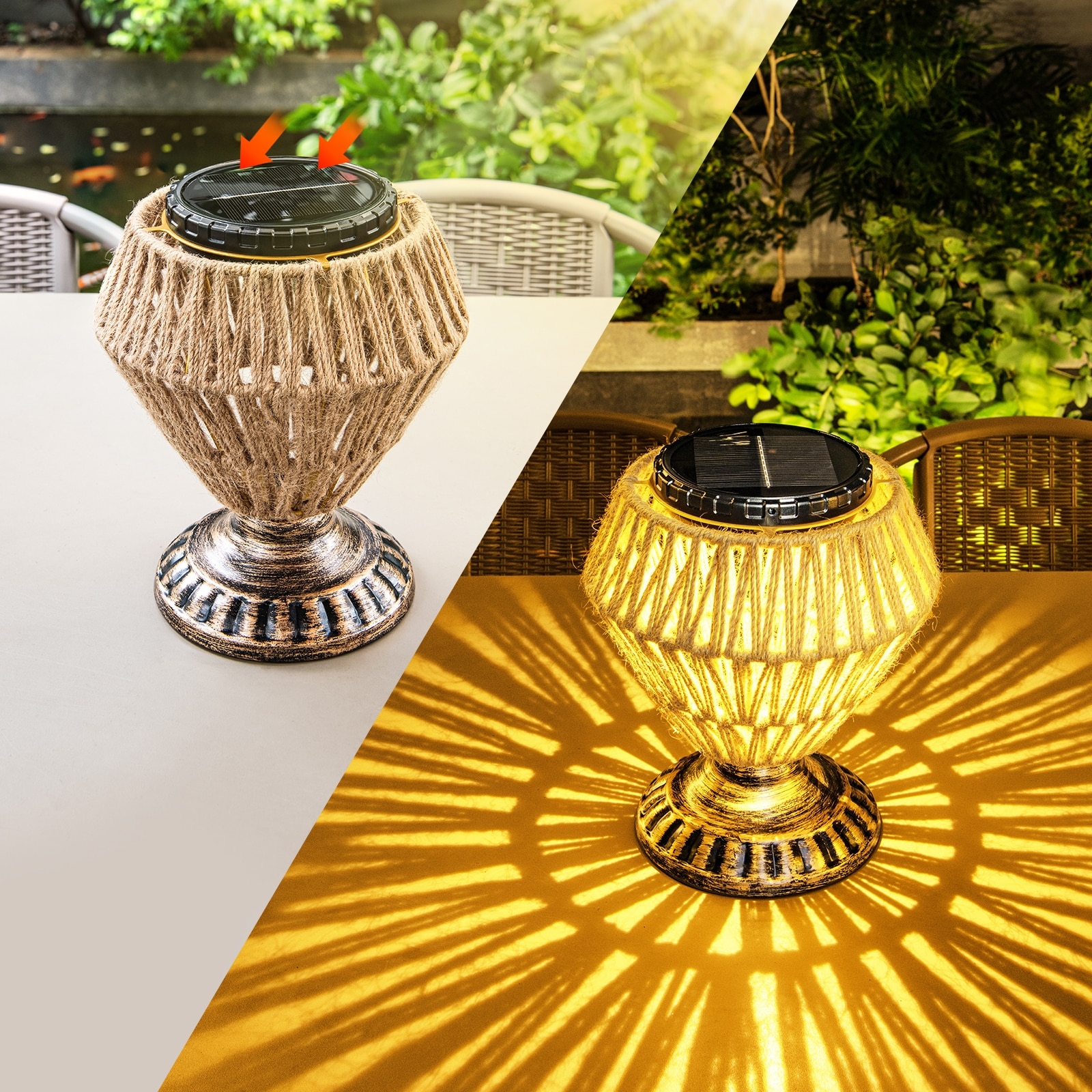 Solar Panel Rattan Woven Lights Dimmable Nightstand Desk Lamp