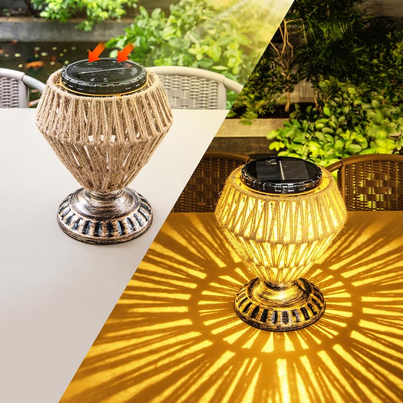 Solar Panel Rattan Woven Lights Dimmable Nightstand Desk Lamp Outdoor Indoor Decorative