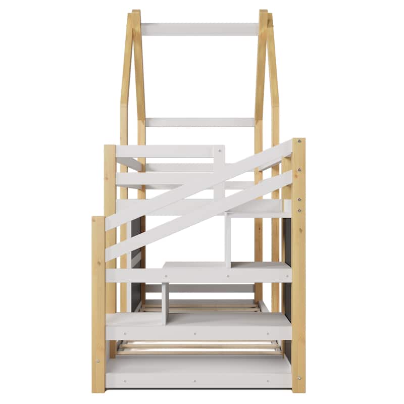 Twin over Twin House Bunk Bed with White Storage Staircase and 2 Blackboards, White and Natural