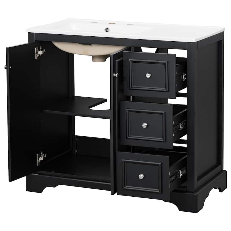 36" transitional bathroom vanity with ceramic sink - features 2 soft-close doors, an adjustable U-shaped shelf, 3 drawers