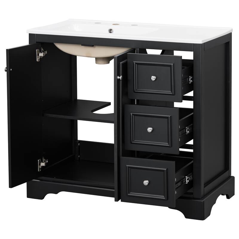 Bathroom Vanity with Ceramic Sink, Freestanding Bathroom Cabinet with 3 Drawers, 2 Soft-Close Doors & Adjustable Shelf