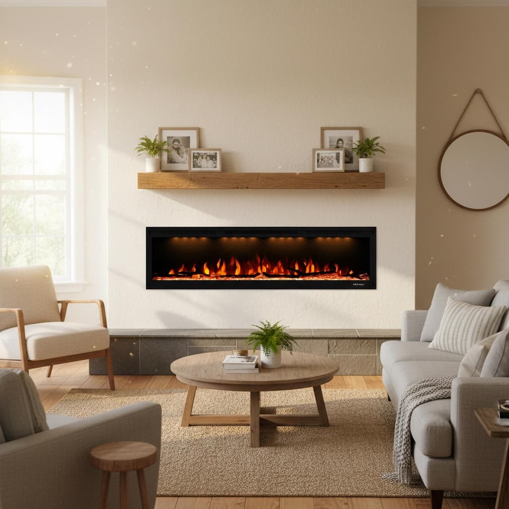 Clihome Modern 50-74" Wide LED Wall-Mount Electric Fireplace, Home Fireplace Insert
