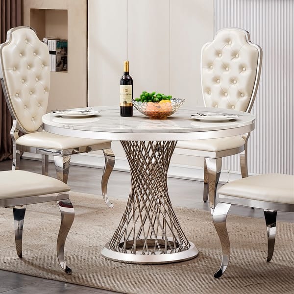 Modern Round Dining Table with Faux Marble Top and Stainless Steel Base ...