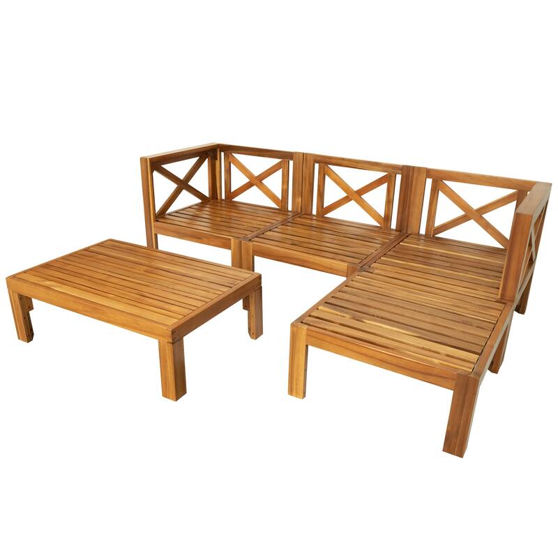 Beige Natural Acacia Wood Outdoor Sectional Sofa Set