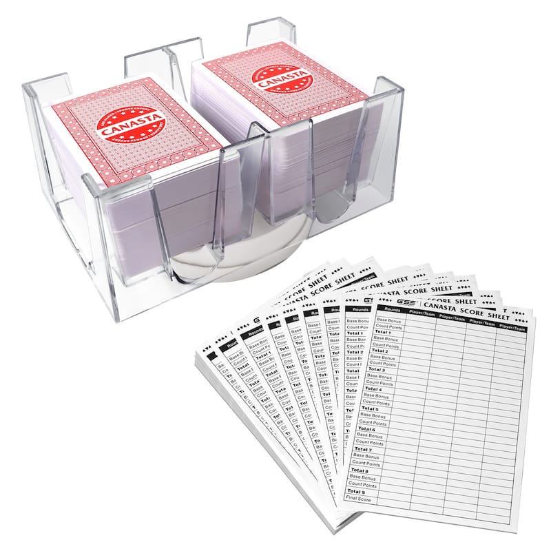GSE Canasta Cards Game Set, Includes Canasta Playing Cards with Point Values, Revolving Card Tray, Score Sheets - Red - 6-Deck Set