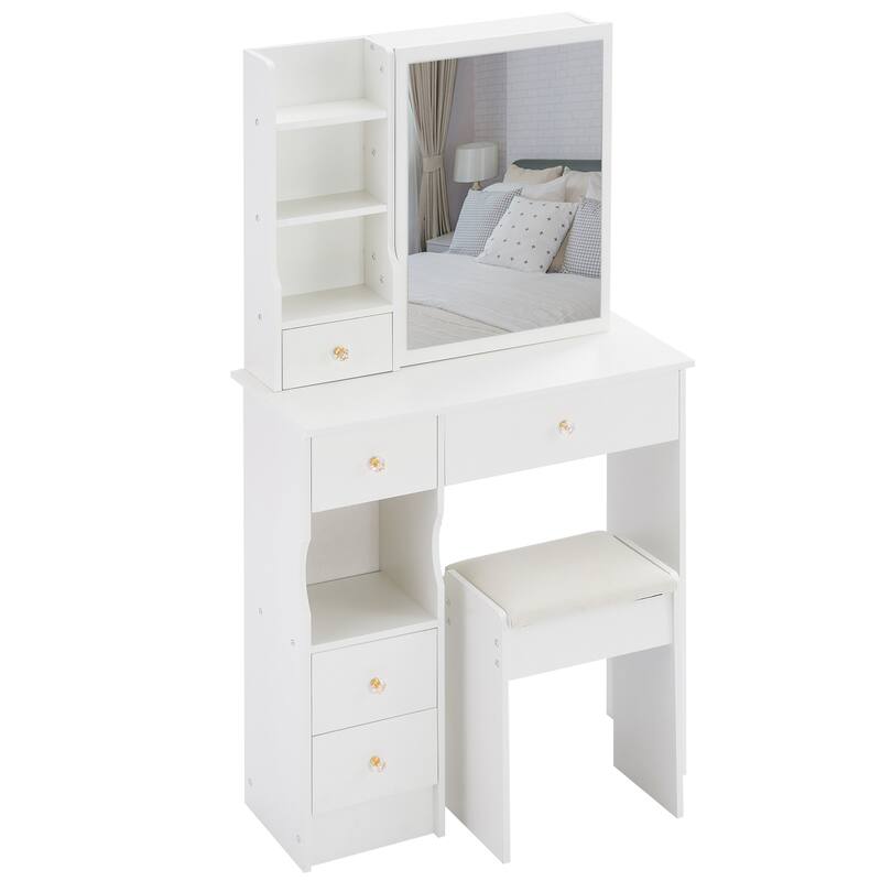 Vanity Desk with Sliding Mirror, Makeup Table with Drawer and Multi Layer Storage Rack, Vanity Set with Cushioned Stool