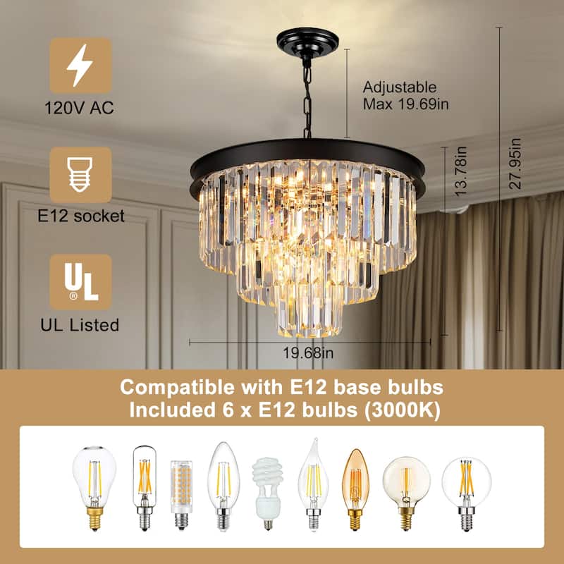 Modern Crystal Chandelier, Black Luxury Adjustable Pendant Light for Living Room(Bulbs Included)