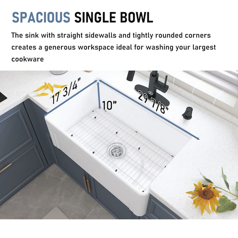 Fireclay Farmhouse/Apron-Front Frame Design Reversible Installation Single Bowl Kitchen Sink with Kitchen Faucet and Accessories