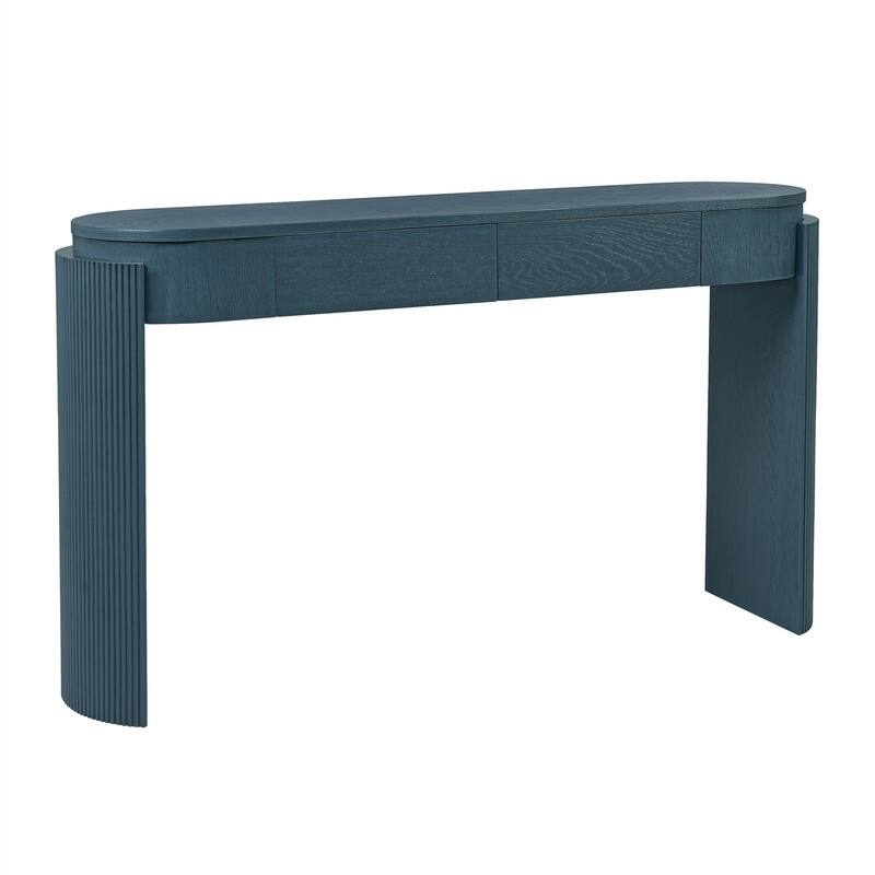 Modern Console Table with 2 Drawers and Oval Top, Entryway Table Sofa Table with Fluted Design and Natural Wood Grain Finish