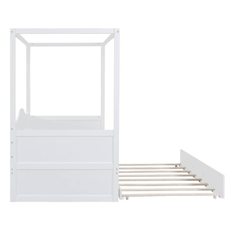 Twin Canopy Bed with Pull-Out Trundle, Elegant Wooden Daybed with Curtains Option, Ideal for Small Bedrooms, White/Grey