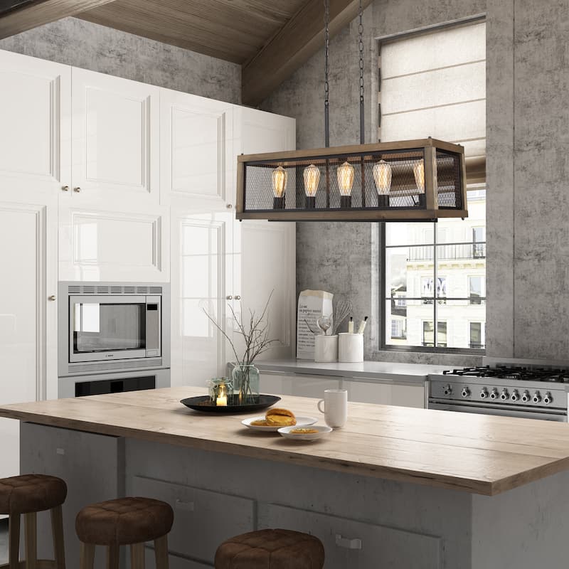 Campea Farmhouse 5-Light 31.5" Linear Wood Chandelier for Kitchen Island - L31.5"xW10"xH10"