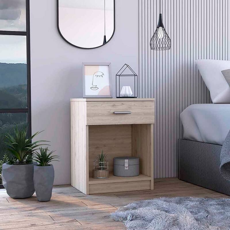 Modern Light Gray Nightstand with Drawer and Shelf, Space-Saving Design for Bedroom or Living Room - Gray