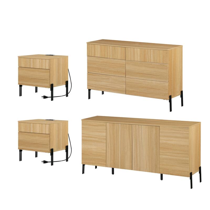 WAMPAT 4-Piece Bedroom Furniture Set, 47" Fluted 6 Drawer Dresser, 61" Buffet Sideboard, 2 Nightstand with Charging Station, Oak