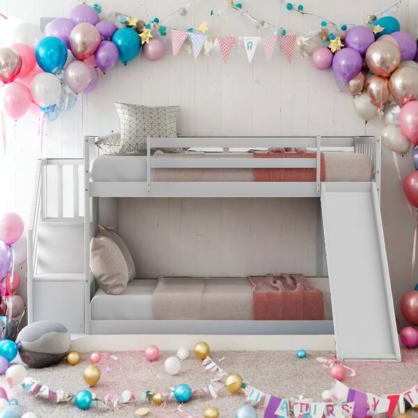 slide 2 of 18, Twin Over Twin Bunk Bed With Convertible Slide And Stairway for Home White