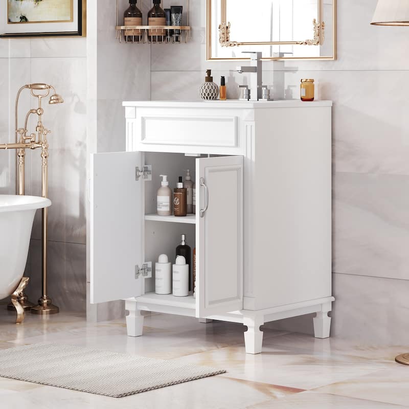 Bathroom Vanity with Sink, Solid Wood Bathroom Storage Cabinet, Bathroom Cabinet with 2 Soft-Closing Doors & Adjustable Shelf