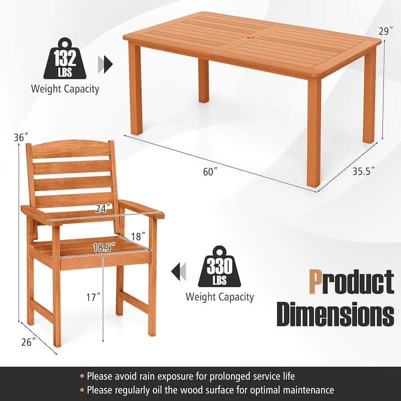7-Piece Outdoor Dining Set with Wooden Rectangular Table and 6 Chairs for Patio Deck or Garden - 60” x 35.5” x 29”