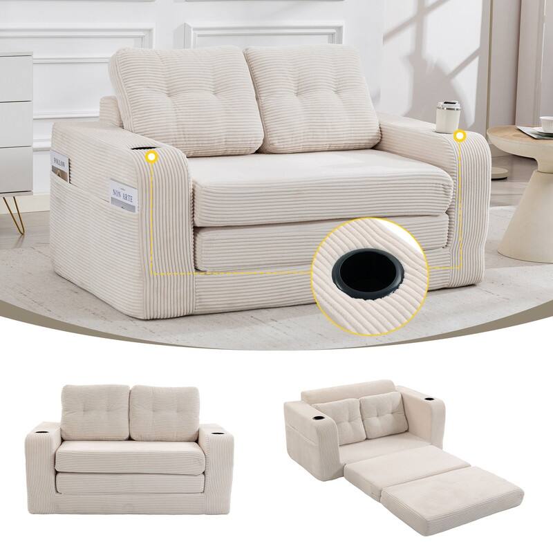 HOMEFUN 2 in 1 Convertible Sofa Bed,Corduroy Upholstered Compressed Sofa Bed for Living Room - Beige