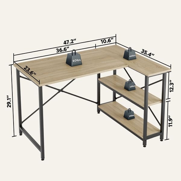 dimension image slide 4 of 13, Small L Shaped Desk with Storage Shelves Corner Computer Desk