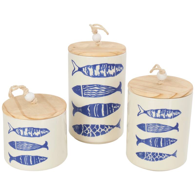 Cream or Blue Ceramic Canisters with Brown Wood Lids and Beaded Accents (Set of 3)