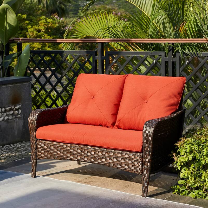 Pocassy Outdoor Wicker Loveseat Couch, 2-Seater Patio Sofa