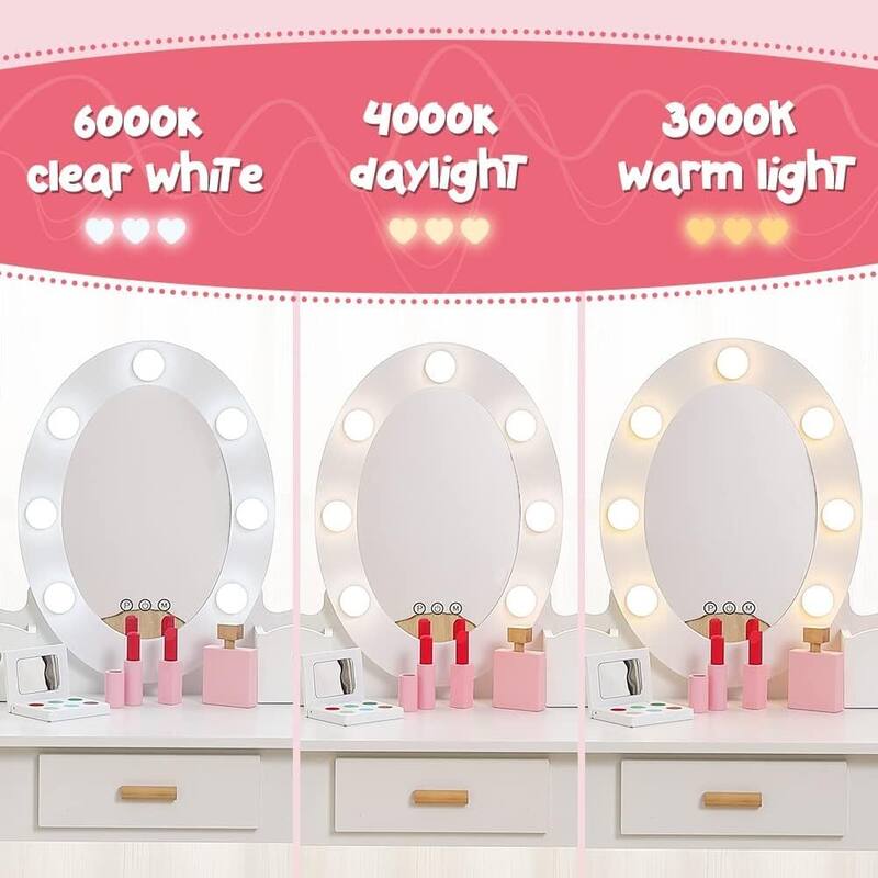 Toddler Lighted Mirror Vanity and Stool, Makeup Play Table for Girls Best Gift