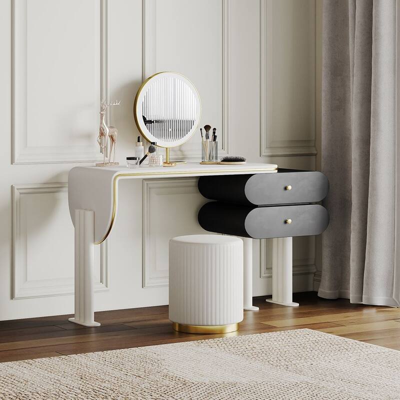 Modern Light Luxury Makeup Vanity Table Set，Wood Drawer, Stool, Plywood,White & Black